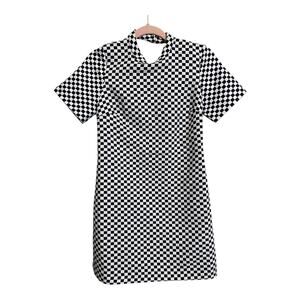 Zara Checkered Mini Sheath Dress Black White open Back Mock Neck Size S